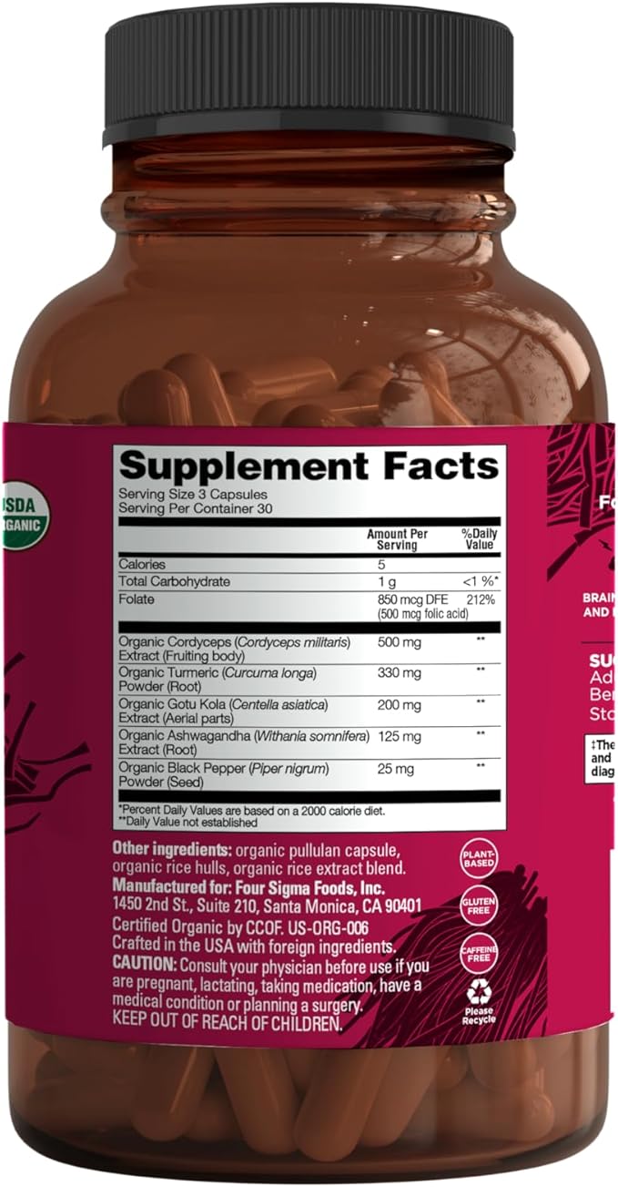 Four Sigmatic Memory Capsules | Reduce Brain Fog &amp Improve Memory | Nootropic Supplement for Brain Support with Cordyceps Mushroom Gotu Kola Turmeric Ashwagandha &amp Folate | 30 Servings