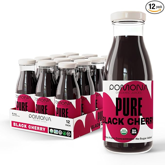 Pomona Organic Pure Black Cherry Juice Cold Pressed Organic Juice Non-GMO No Sugar Added Not from Concentrate Gluten Free Kosher Certified Preservative Free 8.4 Ounce (Pack of 12)