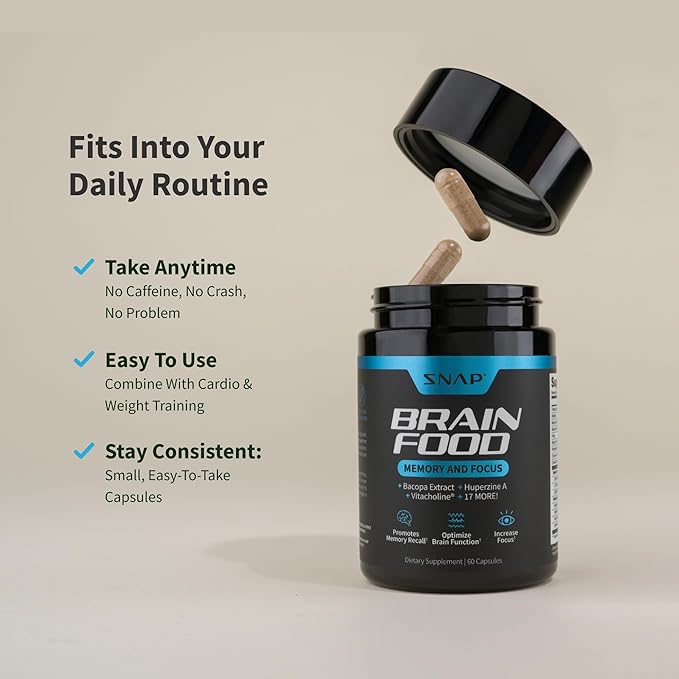 Snap Supplements Brain Booster Nootropics Supplement for Memory Focus &amp Clarity Bacopa Extract Ginkgo Biloba 60 Capsules