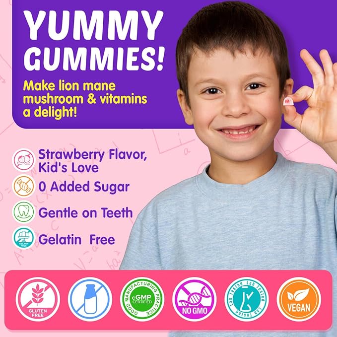 Kids Brain Gummies with Lion's Mane Mushroom Methyl B6 B9 B12 Super Greens Lutein Brain Booster Supplement for Focus &amp Attention Cognitive Function Vision &amp Energy Sugar Free Vegan 6