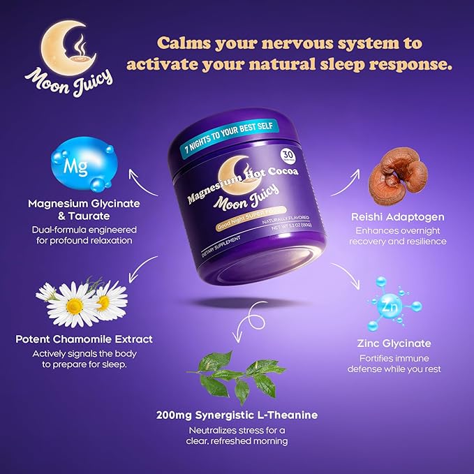 MoonJuicy Nighttime Sleep Hot Cocoa Mix for Adults - Natural Magnesium for Sleep &amp Melatonin-Free Aid Powder with L-Theanine Chamomile - Calming Hot Chocolate (30 Servings).