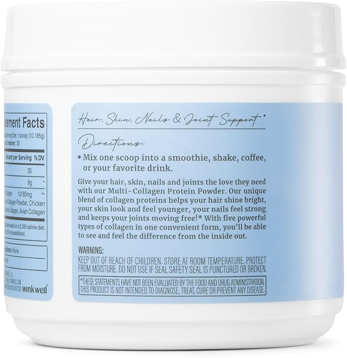 Wink Well Unflavored Multi-Collagen Protein Powder Dietary Supplement Includes 5 Types I II III V and X of Collagen Skin Hair Nails Joint and Immune System Support (2)