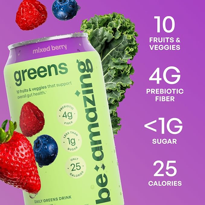 Be Amazing Greens Drink Mixed Berry Vitamin Drinks With 10 Organic Fruits and Vegetables Coconut Water Vitamin C and Prebiotic Fiber 25 Calories Low Sugar Vegan and Gluten Free 8 Pack