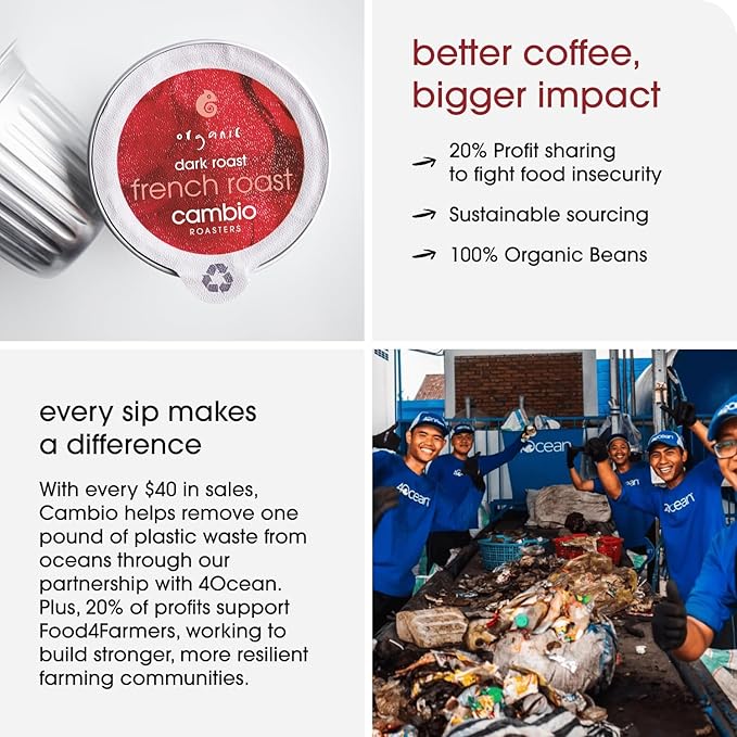 Cambio Roasters French Dark Roast Organic Coffee Pods - The Only Organic Recyclable Aluminum Coffee Pods Small Batch Roasted Keurig® Compatible Toasty Flavor Lower Acid Lasting Freshness 60 Coun