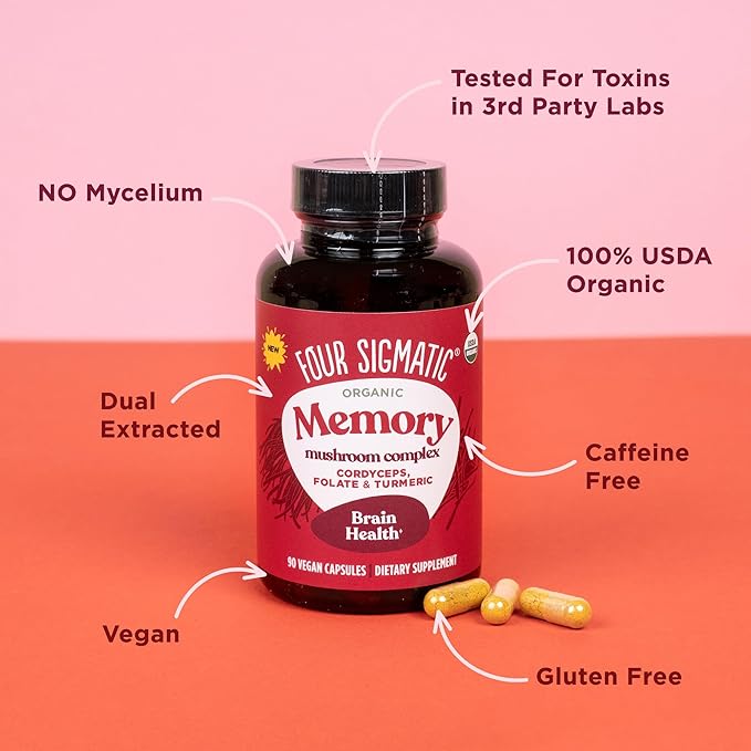 Four Sigmatic Memory Capsules | Reduce Brain Fog &amp Improve Memory | Nootropic Supplement for Brain Support with Cordyceps Mushroom Gotu Kola Turmeric Ashwagandha &amp Folate | 30 Servings