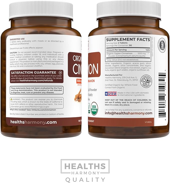 USDA Organic Ceylon Cinnamon Pills - High Potency Ceylon Cinnamon Supplement with 1000mg per Serving for Full Body Antioxidant Support - Vegan Non-GMO cGMP Made &amp Lab Verified (3 Months Supply)