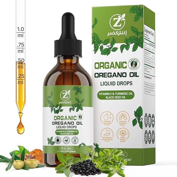 Oregano Oil Organic Drops - 80% Carvacrol Extra Strength &amp Undiluted - with Black Seed Oil Turmeric &amp Vitamin E - Oil of Oregano Supplement for Immune and Digestive Support - Vegan 2 Fl Oz