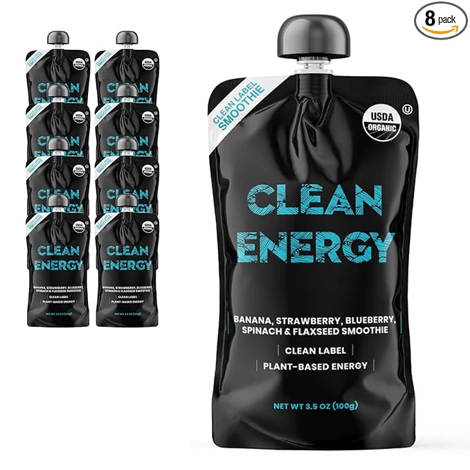Clean Label Organic Fruit Smoothie Sports Pouches - Healthy Nutrition Drinks Gluten Free Caffeine Free Vegan Kosher Convenient Snacks - Banana Strawberry &amp Blueberry Smoothie – 8 Pouch Pack