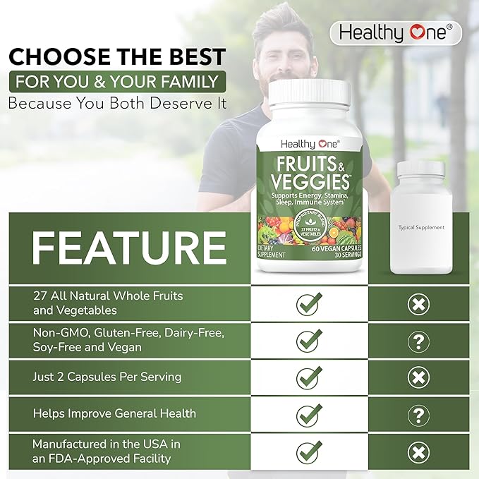 Fruits &amp Veggies Formula - 27 Premium Whole Foods - Organic Ingredients - Equals 3 Servings of Fruits &amp Vegetables - Improve Energy Focus &amp Immune Function - Fiber - Antioxidants - 150ct