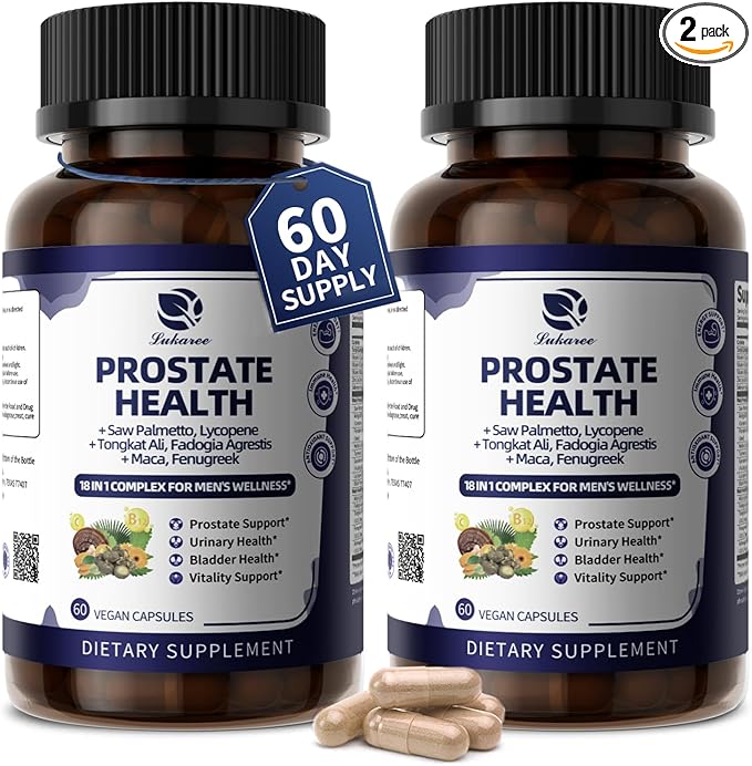 Lukaree Prostate Health Supplements for Men - 18 in 1 Saw Palmetto with Pumpkin Seed &amp Nettle - Advanced DHT Blocker - Urinary Tract Health Support - with Ashwagandha Reishi 2 Pack