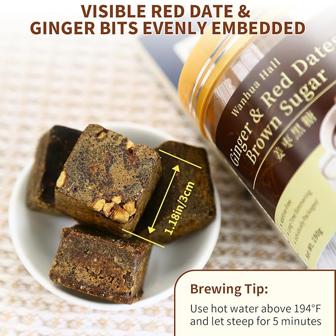 Wanhua Hall Dark Brown Sugar with Red Dates &amp Ginger 13.4oz(190g*2) Handmade Ancient Craft Chinese Black Sugar Cubes in Independent Packaging Natural Sweetness Soothing Ginger Tea for Women&amp