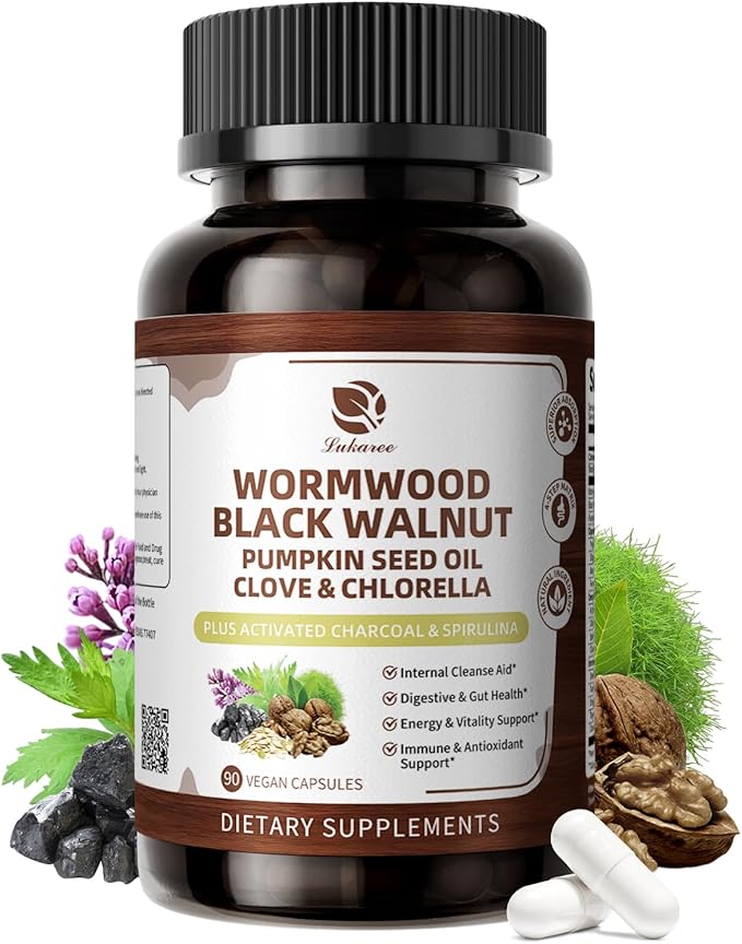 Lukaree Wormwood Black Walnut Cleanse for Human 1200mg – Ultra Gut Cleanse &amp Digestive Health w/Pumpkin Seed OilCloveActivated Charcoal -10X Concentrated Men &amp Women Probiotic Capsules -Veg