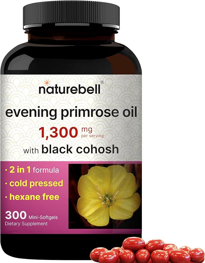 NatureBell Evening Primrose Oil with Black Cohosh 1300mg Per Serving 300 Mini-Softgels | Cold Pressed Seeds Retains 130mg GLA for Womens Health &amp Skin Care Support – Hexane Free Non-GMO