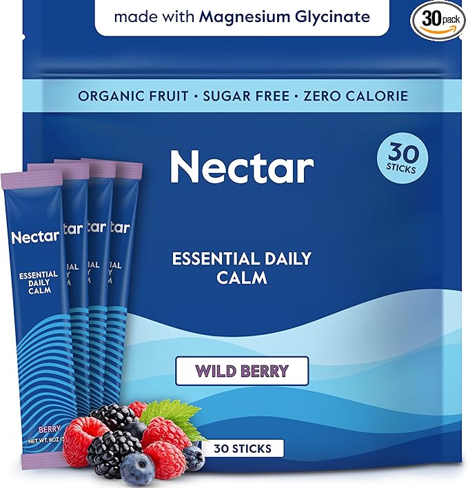 Nectar Calm Magnesium Glycinate Drink Mix - Sugar Free &amp Zero Calorie - with Organic Ashwagandha Vitamin D L-Theanine Hydrating Electrolytes - Relax Focus &amp Calm - Non-GMO (Berry 30 Sticks