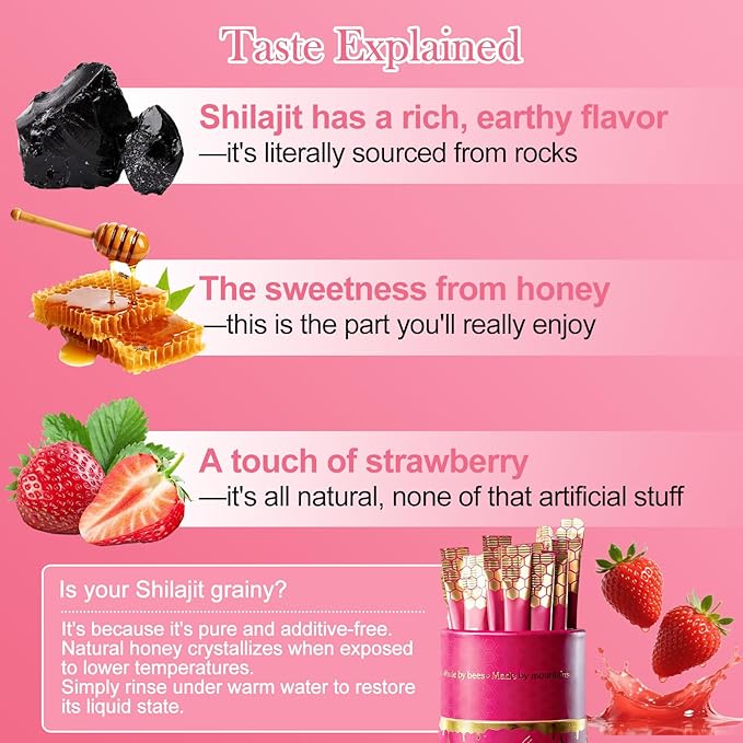 Shilajit Honey Sticks for Women Strawberry Shilajit Honeysticks with Shatavari &amp Saffron 75%+ Fulvic Acid &amp 85+ Trace Minerals for hormonal Balance &amp Energy Boost Easy Single | 30 Stick
