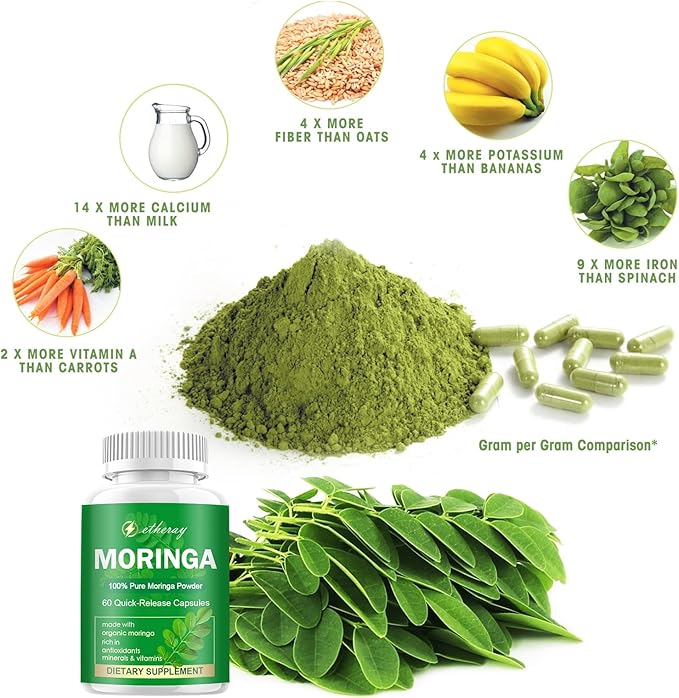 Moringa Capsules Pure Moringa Powder 800mg per Serving - Rich in Antioxidants Multi Minerals &amp Vitamins | Green Superfood - Natural &amp Vegan Supplement - 60 Capsules