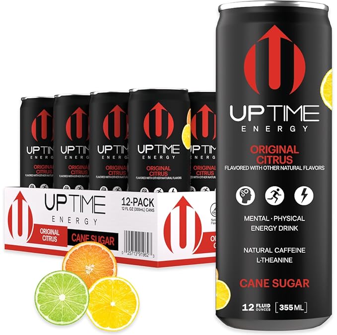 UPTIME Energy Drink Original Citrus Cane Sugar 12 Pack Vitamin C L Theanine Calcium Energy Drinks for Focus Support 142mg of Natural Caffeine per Serving Clean Natural Non GMO 12 fl oz Cans