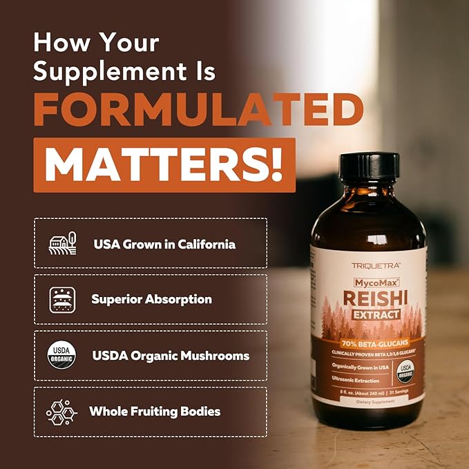 Organic Reishi Mushroom Extract - 70% Beta Glucans - Highest Active Nutrient Levels Max Potency Cordyceps Tincuture US Grown + Ultrasonic Extraction - Energy Immunity Sleep and Stress - 8 oz.