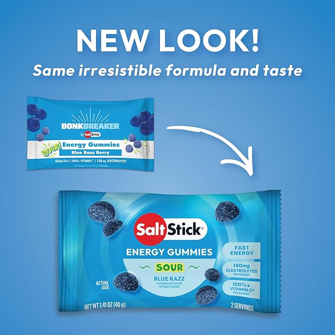 SaltStick Energy Gummies with Electrolytes Sour Blue Razz Easy to Chew Electrolyte Gummy Energy Chews that Taste Great. 10 Packs 80 Gummies