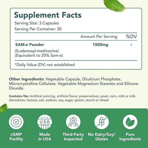 1500mg SAM-e Supplement - High Strength S-Adenosyl-L-Methionine Capsules 1500mg per Serving for Joint Brain Liver and Mood Support - Non-GMO High Absorption Same Supplement (90 Count)