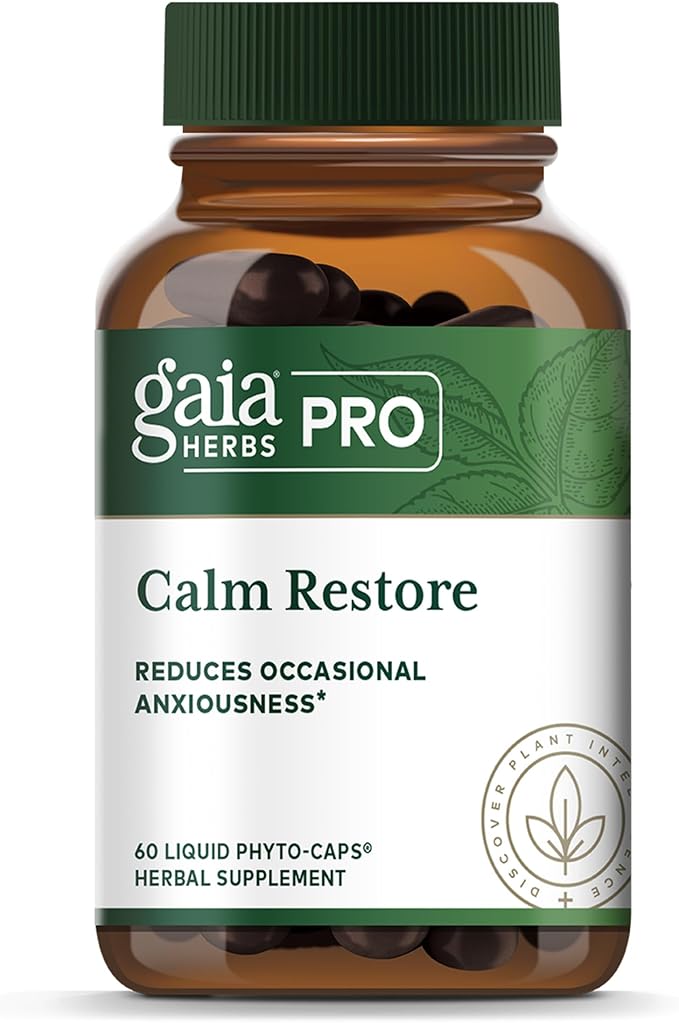 GAIA HERBS PRO Calm Restore - Nervous System Support Supplement* - Calm Support Supplement* with Skullcap Chamomile Holy Basil &amp Lavender - 60 Liquid Phyto-Caps (20 Servings)