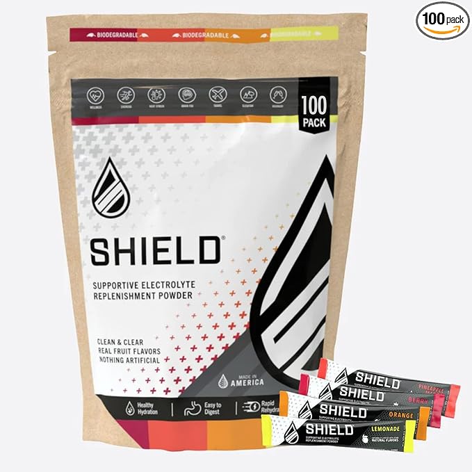 SHIELD Electrolyte Powder Sticks Singles | Real Fruit Flavors | Performance Hydration | All-natural | Exercise Drink | No Caffeine | On the Go Drink (Case of 100)