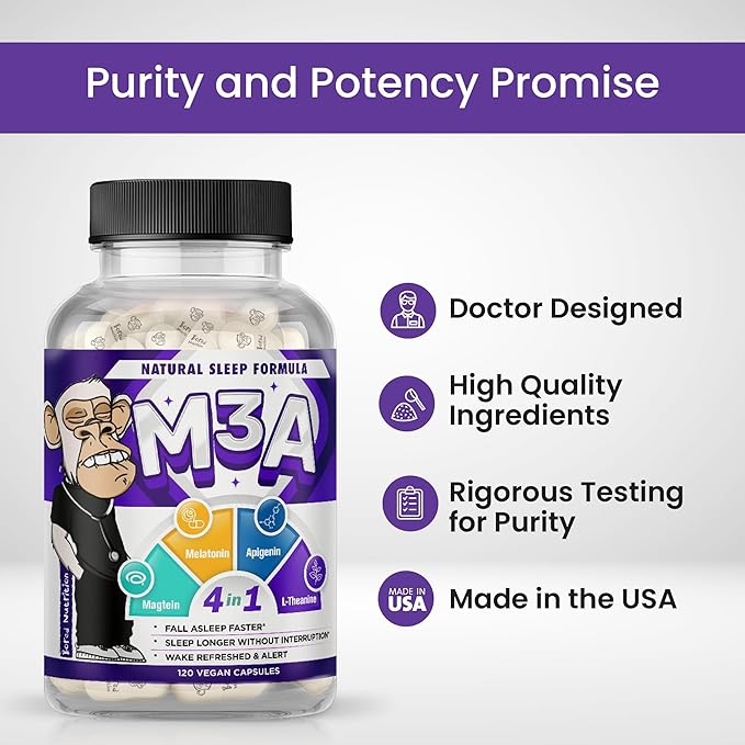 M3A Sleep Support - Magtein Apigenin Melatonin with L-Theanine - 90 Capsules - 2 Pack - Premium 4-in-1 Non-Habit Forming Natural Sleep Aid - Restful Nights and Refreshing Mornings by Bored Nutrition
