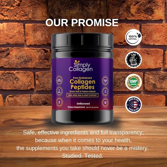 Simply Collagen® Hydrolyzed Collagen Peptides Powder – Grass-Fed Unflavored Type I &amp III – Supports Hair Skin Nails Bones &amp Joints – 41 Servings