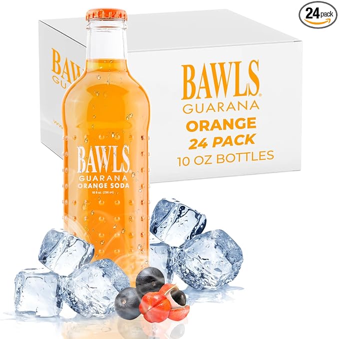 BAWLS Guarana Mandarin Orange BAWLS Guarana Drink Guarana Soda Guarana Fueled Soda for Energy High Energy Caffeinated Drink 10oz 24 Pack Glass Bottles