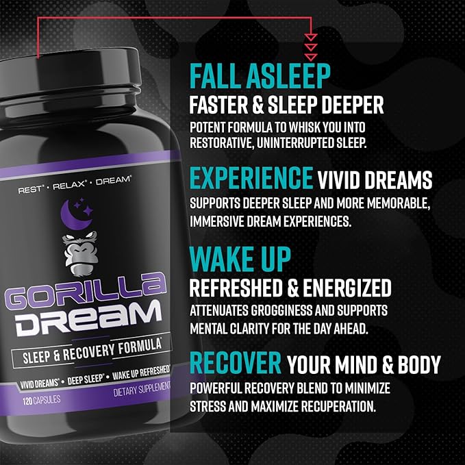 Gorilla Mind Dream Sleep Supplement (120 Capsules) - Nootropic Infused Comprehensive Sleep &amp Recovery Supplement - GABA Melatonin Valerian Root Magnesium L-Theanine Sensoril Ashwagandha &amp