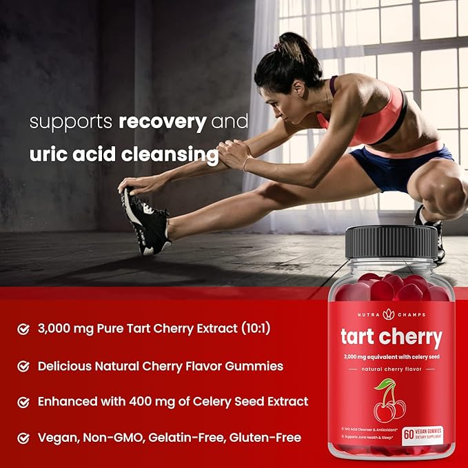 NutraChamps Tart Cherry Gummies - 3000mg Tart Cherry Extract with Celery Seed - Uric Acid Cleanse Supplement - Antioxidant Joint Comfort Flexibility Immune Health Sleep - 60 Vegan Gummies (2-Pack)