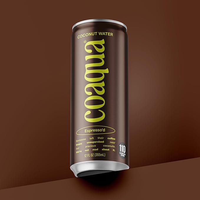 Coaqua Espresso’d Coconut Water (12 pack) Natural Caffeine Energy Drink with Electrolytes for Hydration &amp Focus – Zero Fat Gluten-Free Coconut Water with Espresso - 12 fl oz Cans