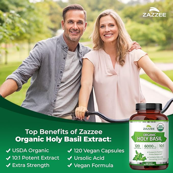 Zazzee USDA Organic Holy Basil 10:1 Extract 120 Vegan Capsules 4 Month Supply Tulsi Extract Ursolic Acid Ocimum Tenuiflorum Antioxidant &amp Stress Support All-Natural Non-GMO Made in the US