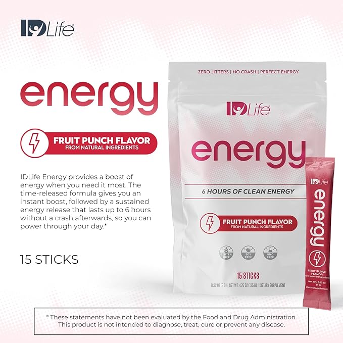 IDLife Energy - Fruit Punch - Sustained Energy Boost with Powder Healthy Drink for Work Gym &amp Daily Use No Jitters or Crash - 15 Sticks per Bag