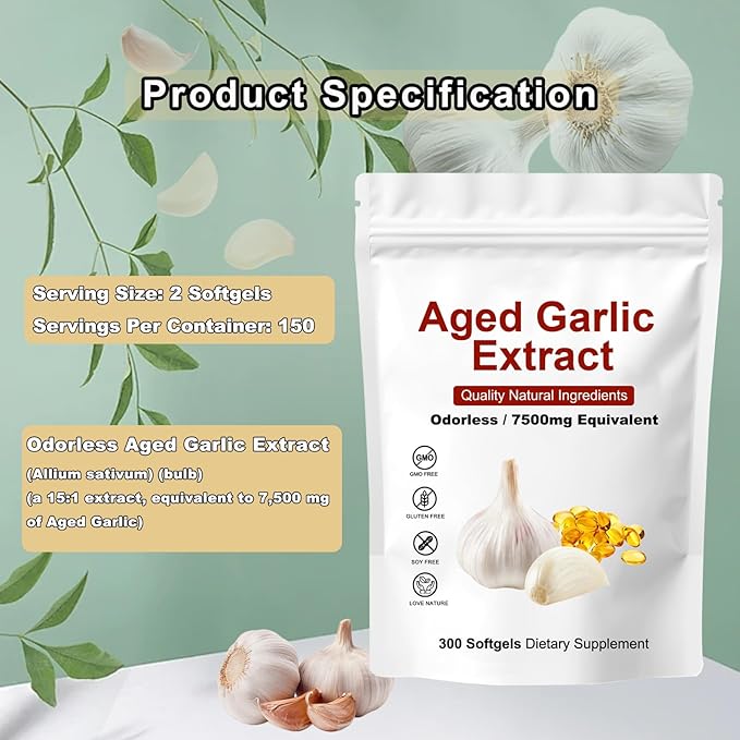 Elare Aged Garlic Extract - 7500mg Odorless Per Serving 300 Count Organic Aged Garlic Extract Capsules Aged for 2 Years - for Heart &amp Immune Support Antioxidant Supplements
