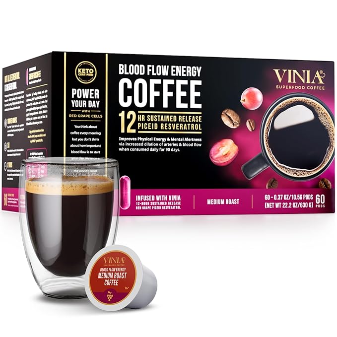 VINIA Medium Dark Roast Coffee with Red Grape Piceid Resveratrol Nitric Oxide for Heart Health Alertness Physical Energy &amp Blood Flow Circulation. 60ct K-Cup Pods
