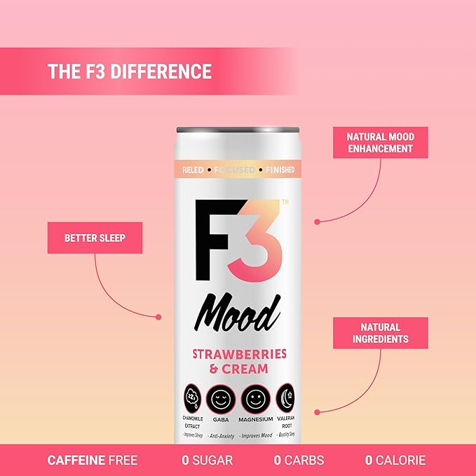 F3 Mood Variety Pack - Functional Sparkling Juice Drink with Powerful Nootropics to Reduce Stress BCAAs for Muscle Recovery and Chamomile &amp Valerian Root for Sleep - Caffeine Free (12 Pack)