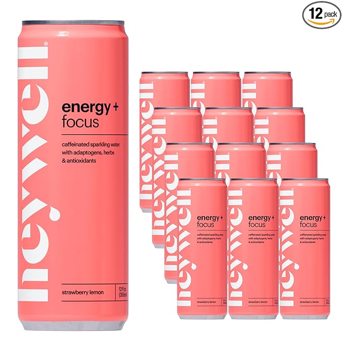 Heywell Sparkling Adaptogenic Water Energy and Focus Strawberry Lemon Flavor 12 Fluid Ounce (Pack of 12) - Caffeinated Organic Non GMO Vegan Gluten Free Dairy Free