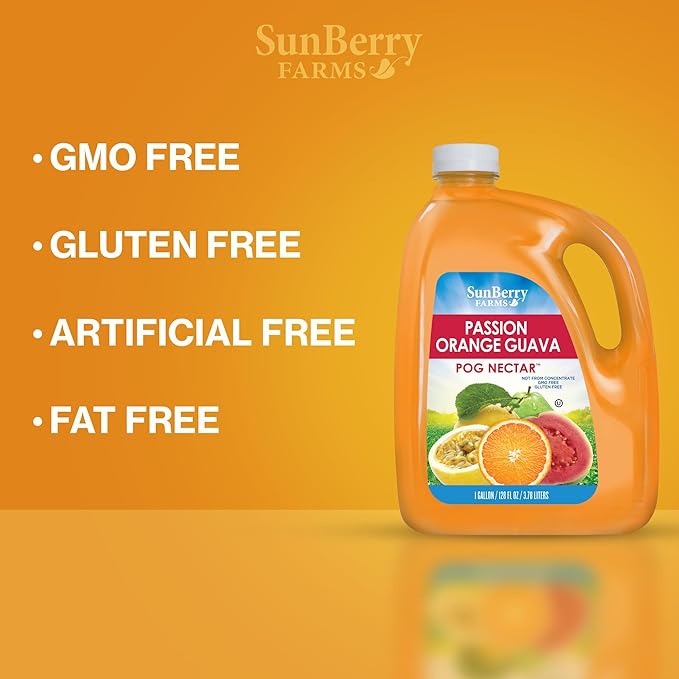 Sunberry Farms POG 128oz – Passion Orange Guava Tropical Juice Real Fruit Nectar No Artificial Flavors or Colors Family-Size 1 Gallon Bottle
