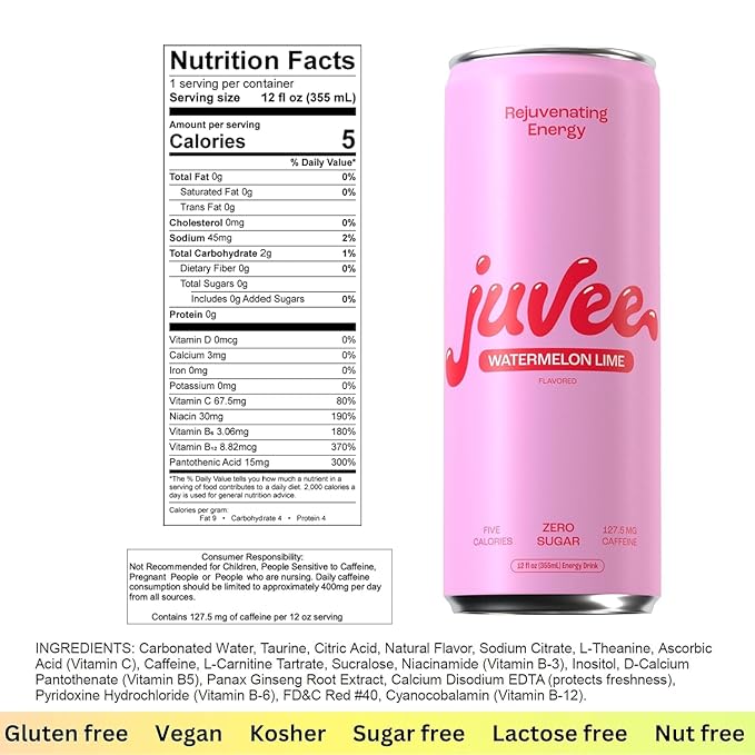 Watermelon Lime &amp Blue Raspberry Juvee Rejuvenating Energy Drink – 12 oz Cans 12-Pack Each – Sugar Free 127–128mg Natural Caffeine per Can Zero Sugar Low Calorie Clean Energy &amp Mental Foc