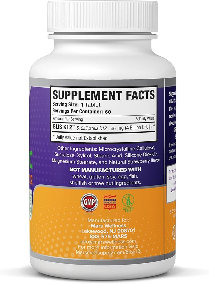 Oral Probiotic Supplement with BLIS K12 4 Billion CFU - Now Dairy Free 60 Day Supply Bottle for Bad Breath Strep Cavities Gum Oral and Dental Health - Sugar Free - USA Made - 60 Count