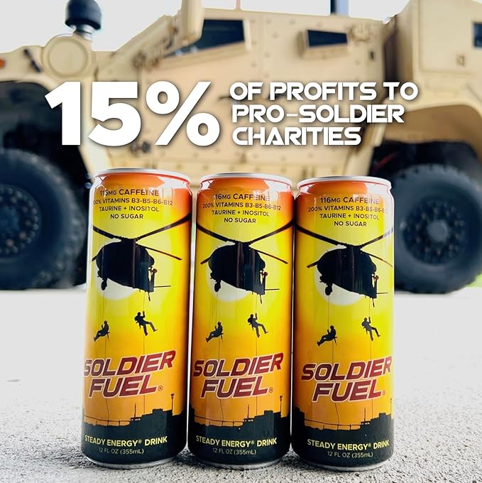 Soldier Fuel performance energy drink | Caffeine + Extra B Vitamins + Taurine + G-Tone + Inositol | Sugar Free | 12oz (pack of 12)