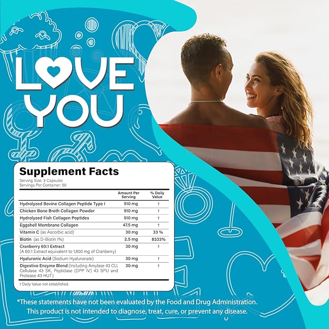 Love You Premium Collagen Complex – Types I II III V &amp X – Hair Skin Nails Joints &amp Gut Support – Hydrolyzed Bovine Collagen Peptides – Grass-Fed Non-GMO 120 Capsules USA Made