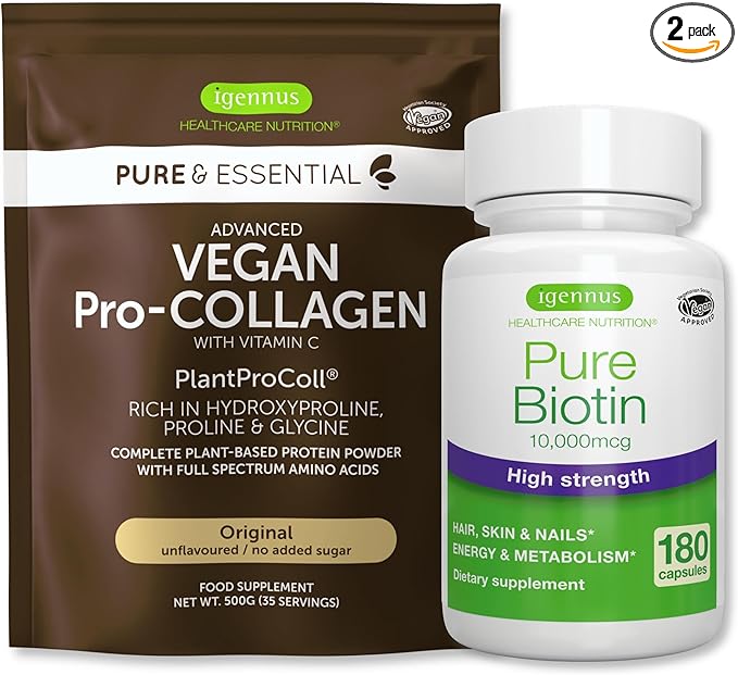 Vegan Collagen Protein Powder + Pure Biotin High Strength 10000mcg Vegan Bundle for Skin Hair &amp Nails by Igennus