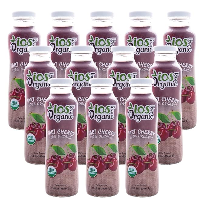 IOS Love Organic - Tart Cherry Juice 12 Pack of 11.2 Fl Oz Glass Bottles Cold Pressed No Added Sugar No Preservatives Vegan &amp Gluten Free
