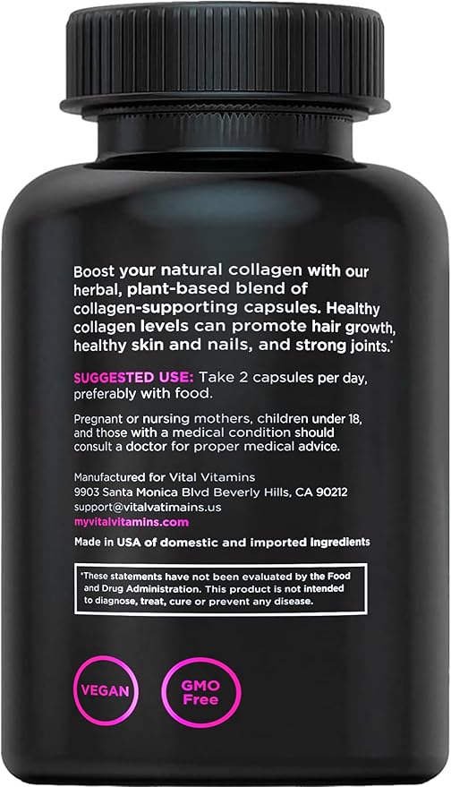 Vital Vitamins Vegan Collagen Booster - with Silica and Hyaluronic Acid - Plant-Based Collagen Supplements - Supports Hair Skin Nails &amp Joints - 60 Capsules