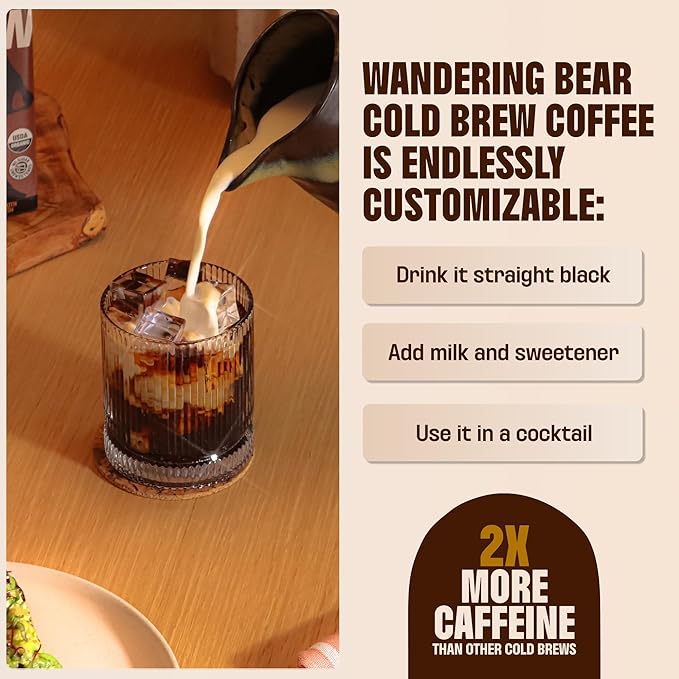 Wandering Bear Straight Black Organic Cold Brew Coffee On Tap Iced Coffee Drink - Extra Strong Smooth No Sugar Added Shelf-Stable Ready to Drink &amp Vegan 100% Organic - 16 Servings of 6fl.oz