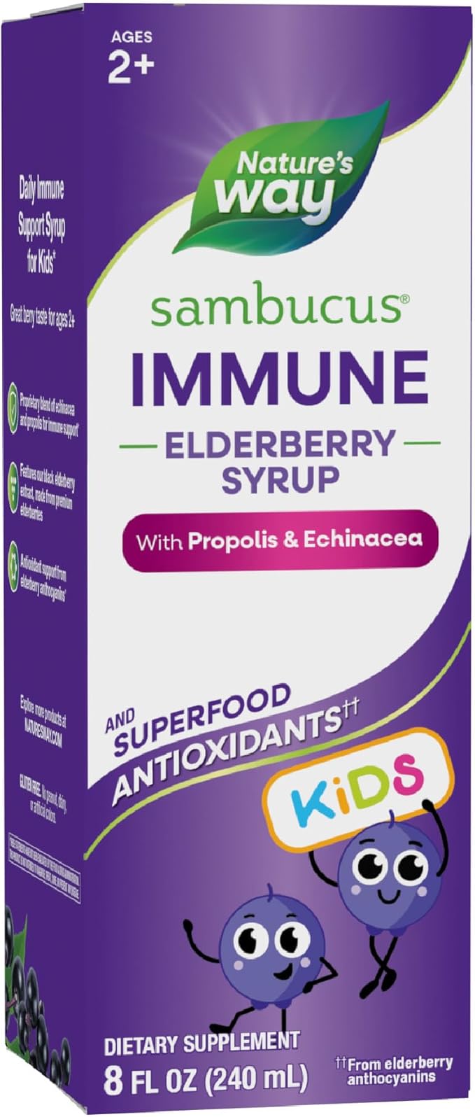 Nature's Way Sambucus Elderberry Immune Syrup for Kids Ages 2+ Echinacea &amp Propolis with Superfood Antioxidants(1) Immune Support Syrup* Vegetarian Berry Flavored 8 Fl Oz