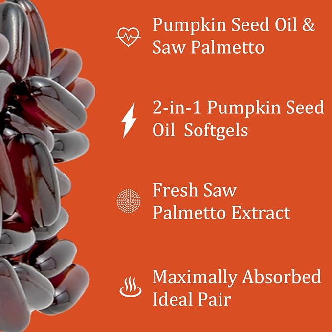Ovela Pumpkin Seed Oil Capsules Pumpkin Seed Oil 2 in 1 with Saw Palmetto 3000mg Pure &amp Natural Supplement Hair Growth Skin Care - Non-GMO Gluten - Free 300 Softgels