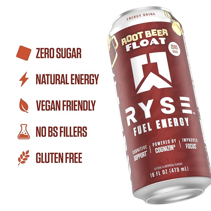 RYSE Fuel Energy Drink - Root Beer Float - Sugar Free - 200mg Natural Caffeine New Formula to Supports Cognitive Health &amp Improves Focus - No Artificial Colors - 16 fl oz Cans (12-Pack)